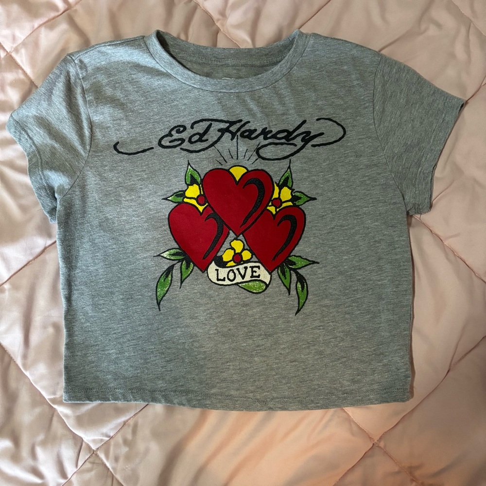Ed Hardy Tattoo Heart Gray and Red Short Sleeve Crop Tee